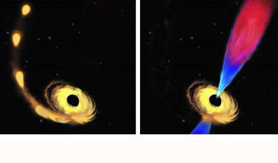 An artist’s impression of a star being drawn toward a black hole and destroyed, triggering a jet of plasma made from debris left over from the stars destruction.