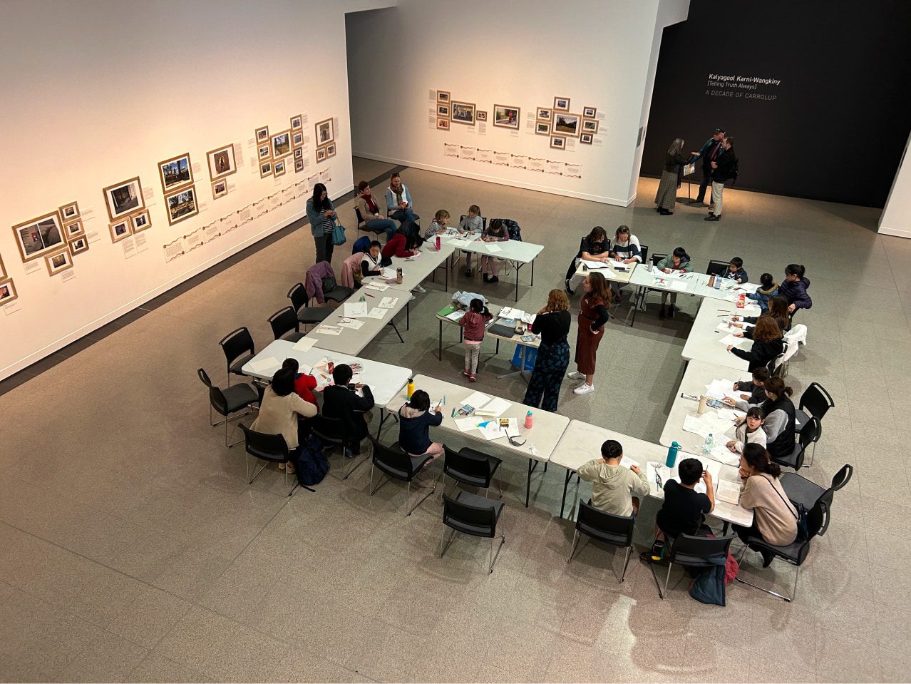 Yabini Kickett School Holiday drawing workshop. Photo by Catherine Peattie. Helen Seiver workshop 1, 3, 4 and 5 – Helen Seiver School Holiday sculpture workshop. Photo by Catherine Peattie.