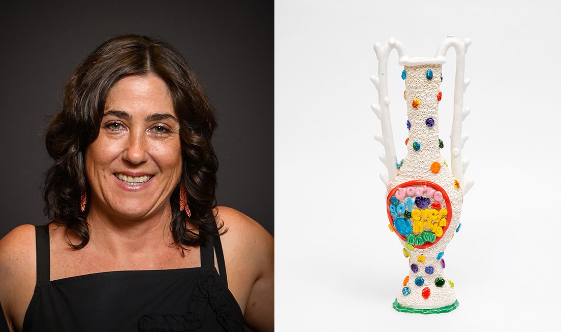 Lia McKnight, Curator, Dirt Feeling. Photo by Ezra Alcantra. Glenn Barkley, YouveGotEverythingNow Amphora,2023, glazed earthenware, 37 x 14 x 6.5 cm. Curtin University Art Collection, purchased 2023. Courtesy of the artist and Sullivan + Strumpf