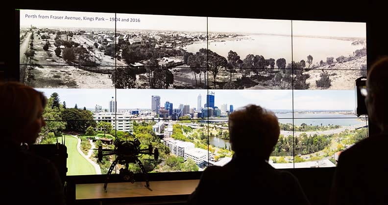 The historical panoramas on the HIVE Tiled display with a silhouette of the actual drone used on the project.