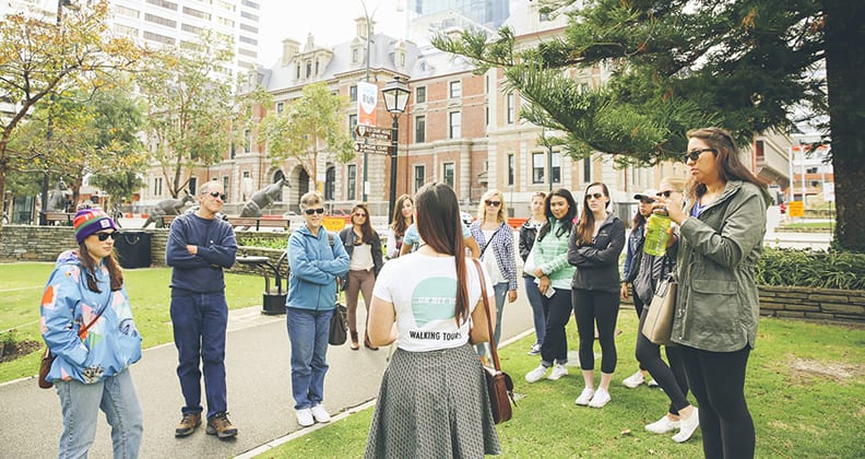 Chapman talks to her walking tour group in the Stirling Gardens, Perth.