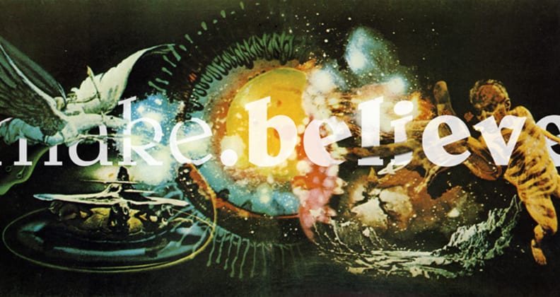 Fantastical type concept of the words 'make believe' featuring Pegasus and cherubs.