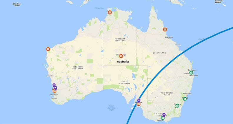 Map of OSIRIS-REx's flight path over Australia.