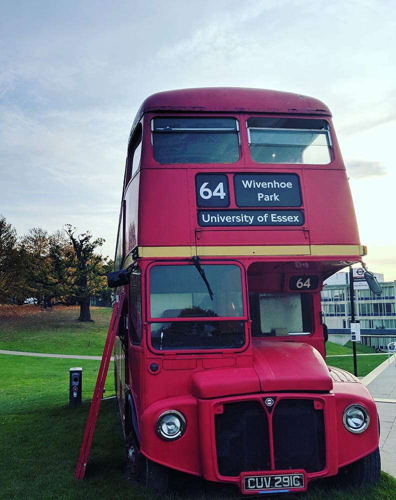 University of Essex food truck that looks like a double decker bus.