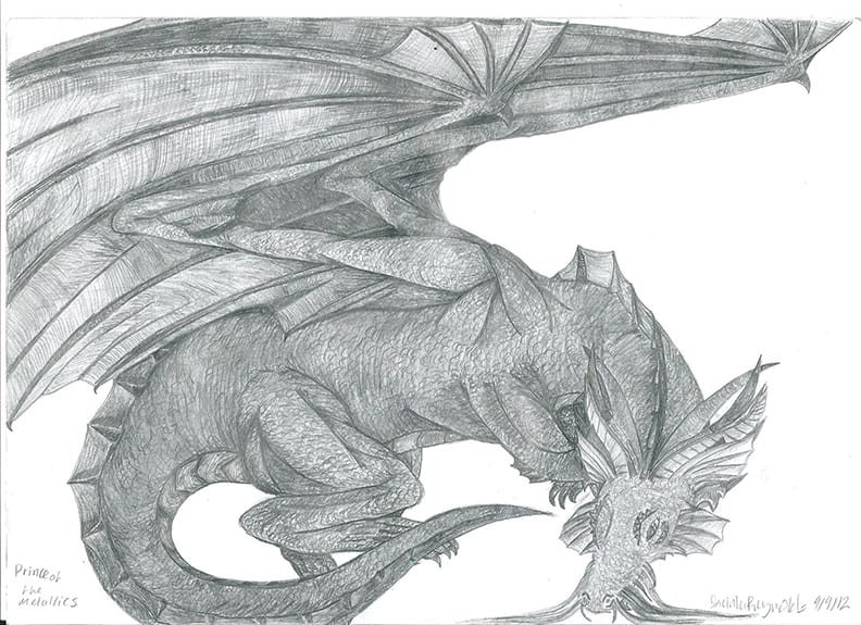 A pencil drawing of a dragon by Jacinta.