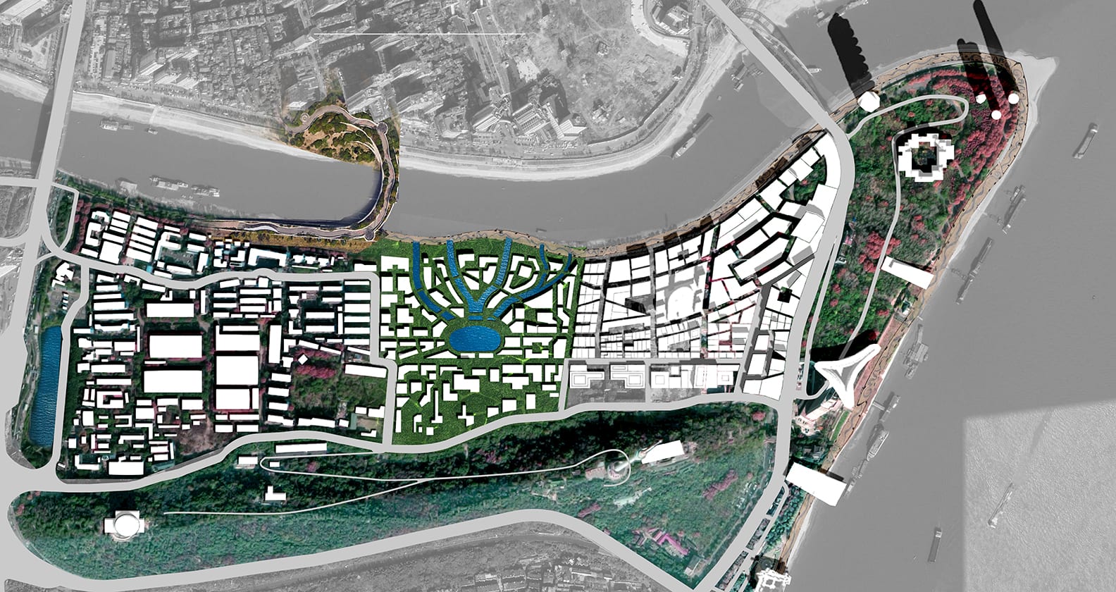 Bird's eye view of the student concept for the proposed site north of Guishan (Turtle Hill) in Wuhan, China.