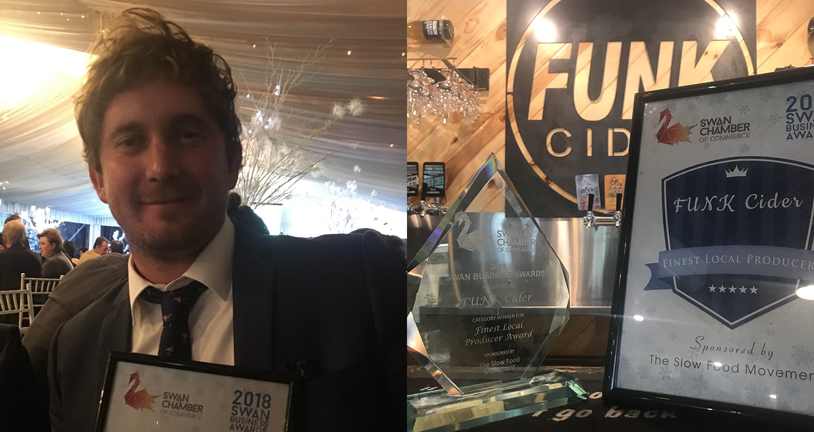 Martin Michael at the 2018 Swan Business Awards (left); the Finest Local Producer trophy and certificate at FUNK Cider’s Swan Valley premises (right).