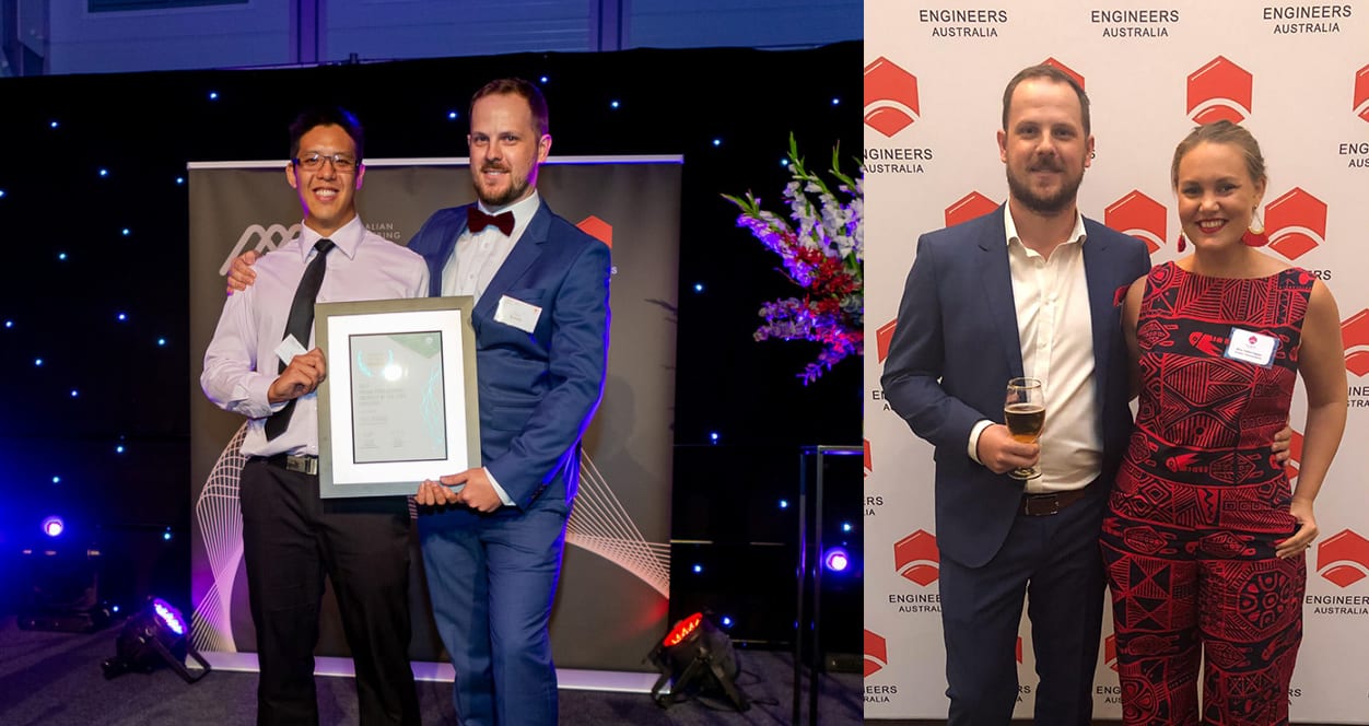 Paul Brandis at the 2018 Northern Territory Engineering Excellence Awards: on stage (left), with his wife, mass communication specialist and comedian Amy Hetherington (right).