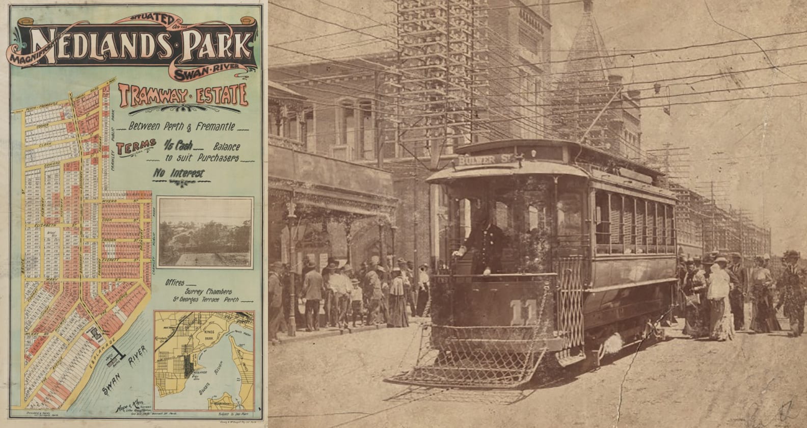 A map of the Nedlands Park Tramway Estate and an old photo of tram in Hay Street