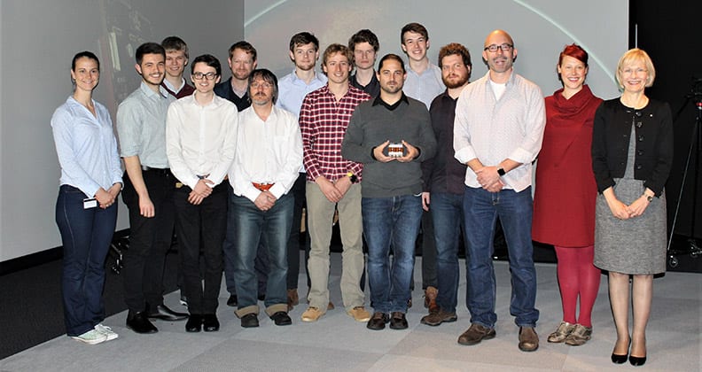 The CubeSat team at the media launch of their innovative miniature satellite.