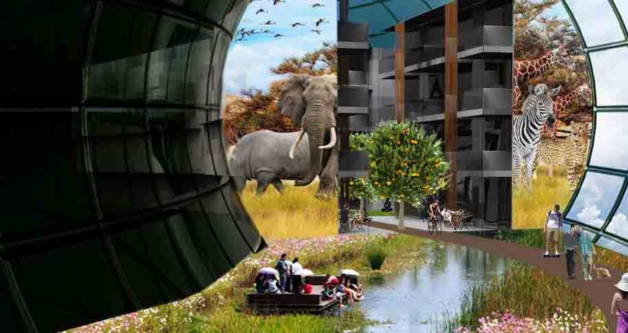 Concept for internal environment of the Mars tunnel, with people enjoying natural environments and surrounded by animal murals.