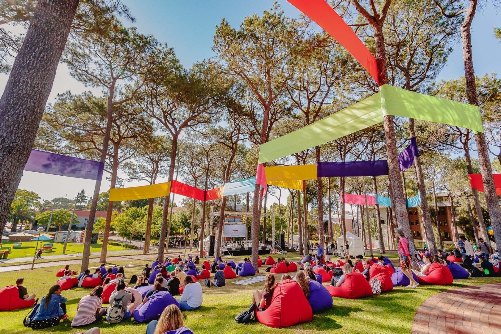 Curtin campus with beanbags and colourful flags