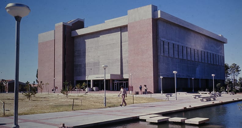 The Curtin library in the 1970s was an imposing bare brick structure on a barren landscape.
