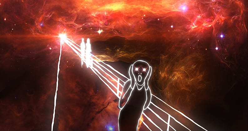 A fiery-coloured image of outer space beneath white a handdrawn lines version of Edvard Munche's The Scream
