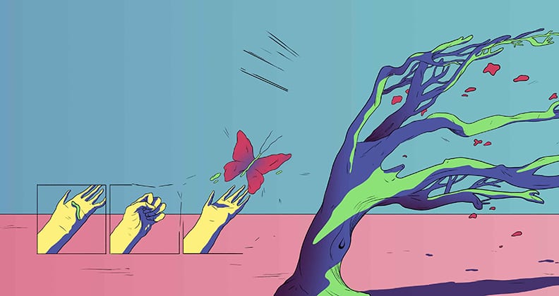 Colourful illustration of a bended tree, and a hand grasping a caterpillar which becomes a butterfly. 