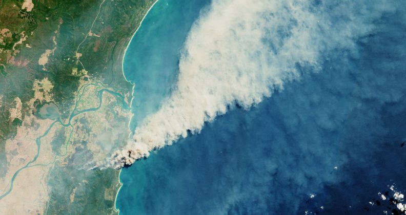 Satellite images from the European Space Agency show fires burning in the Yuraygir National Park and Shark Creek area, NSW, September 2019.