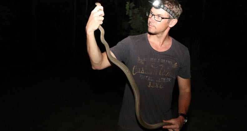 Allentoft gets up close and personal with an olive python in Kakadu National Park.