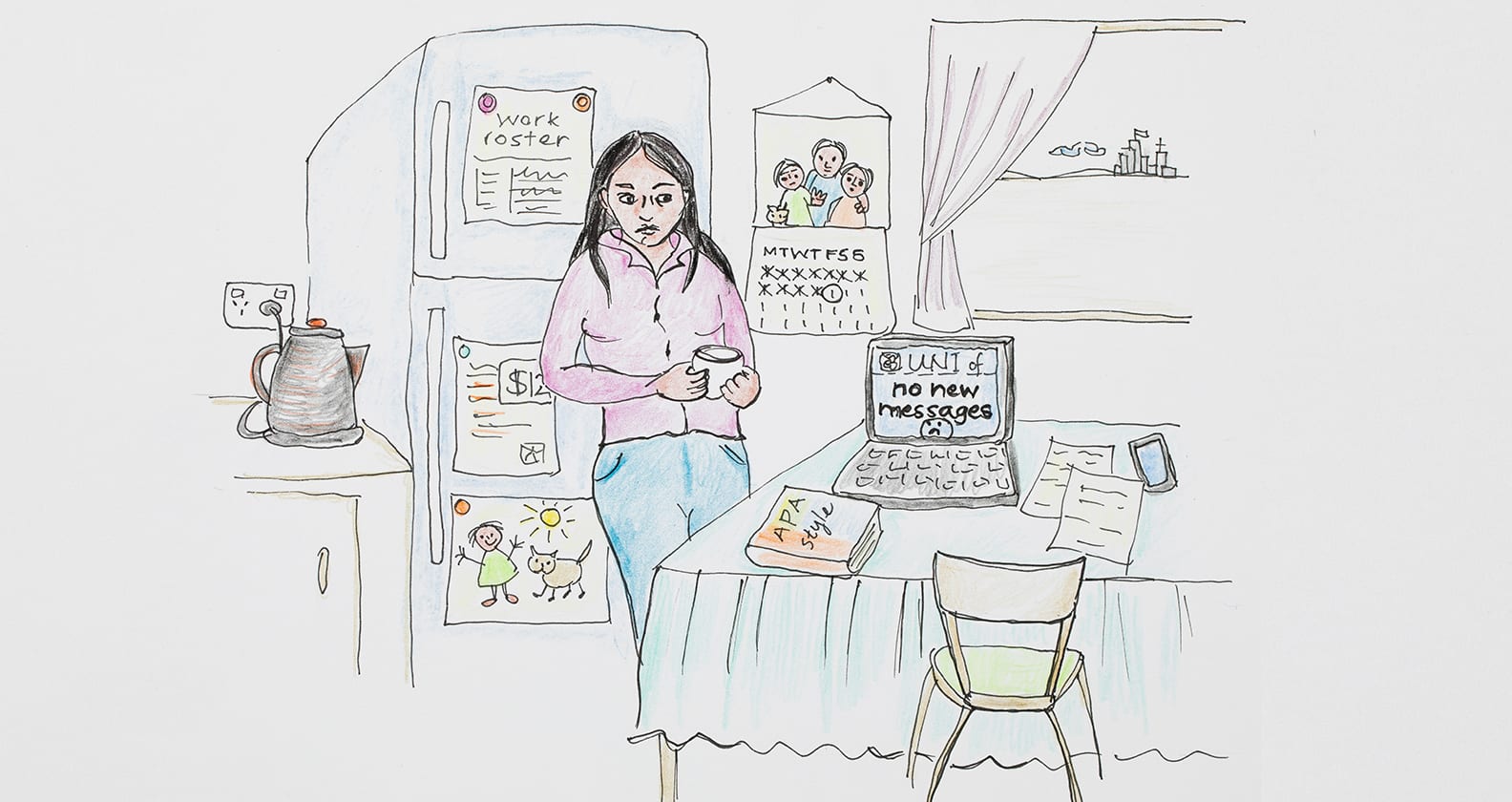 Artist illustration of a student waiting in the kitchen for messages.