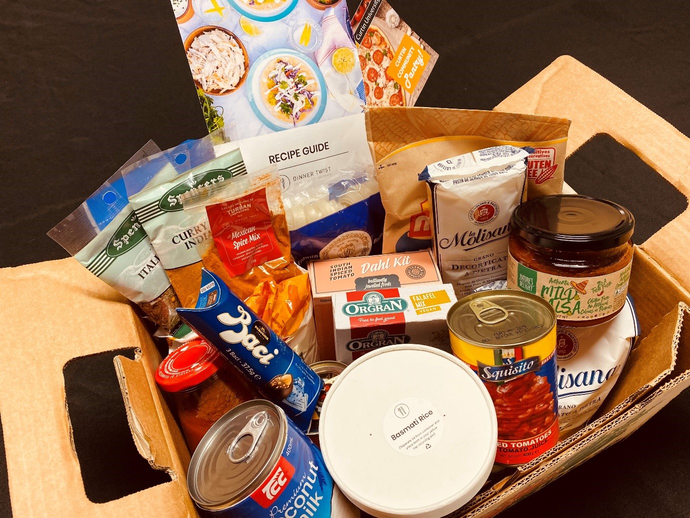 Food parcel featuring a variety of non-perishable food items