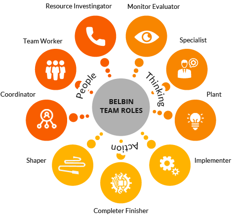The nine Belbin Team Roles are: Resource Investigator, Teamworker and Co-ordinator (the Social roles); Plant, Monitor Evaluator and Specialist (the Thinking roles), and Shaper, Implementer and Completer Finisher (the Action or Task roles). 