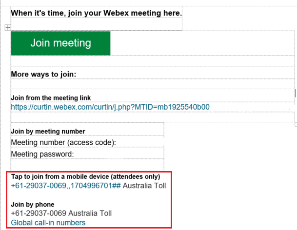 A screenshot of a Webex meeting toll number