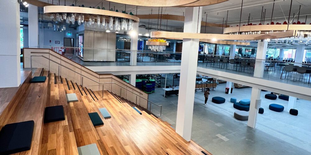 Photo of stairs at new TL Robertson Library
