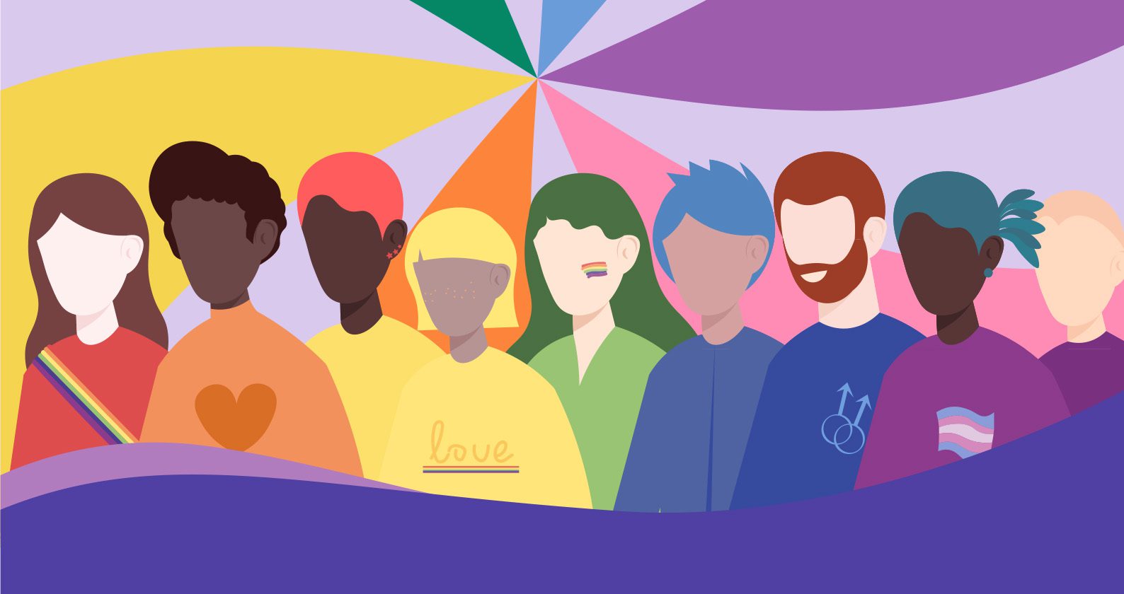 An illustration of a diverse group of LGBTIQA+ people.