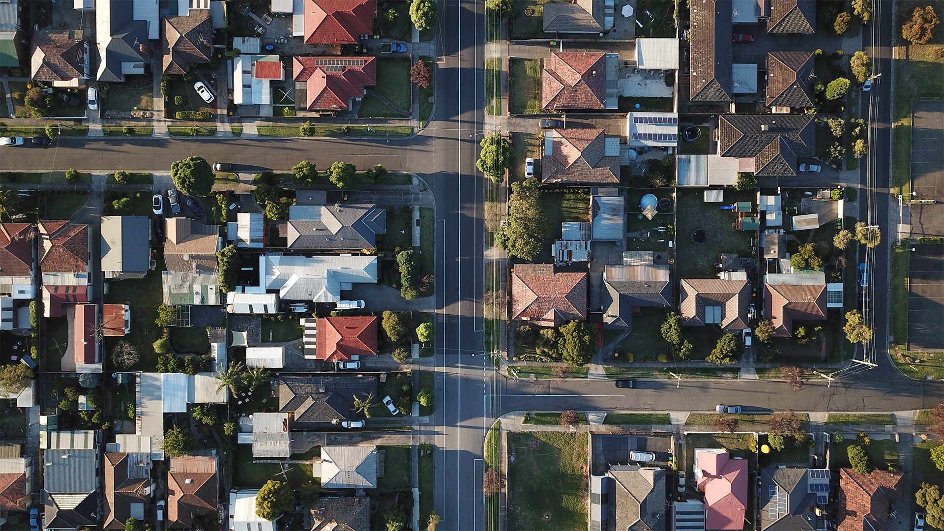 An aerial view of a residential suburb