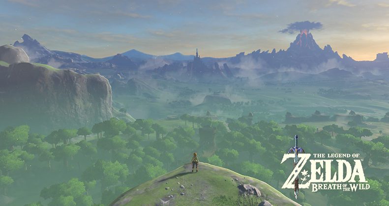 Screenshot from the opening of The Legend of Zelda: Breath of the Wild, featuring the title screen.