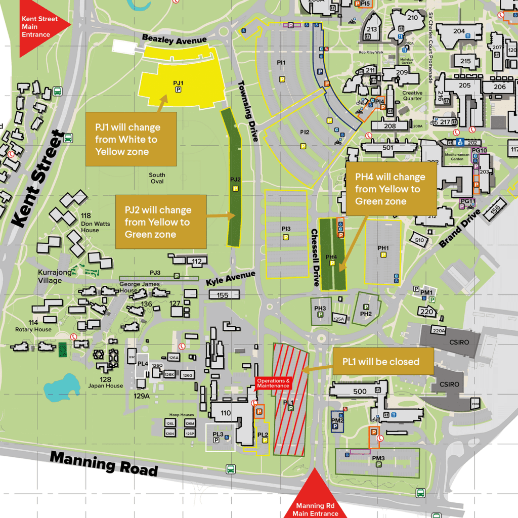 Parking changes near the Manning Road and Kent Street entrances