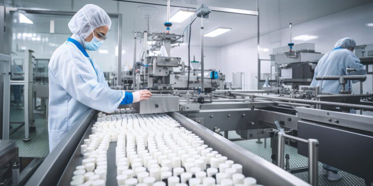 Pharmaceutical factory with workers in lab coats and protective gear monitoring the production of medicine.