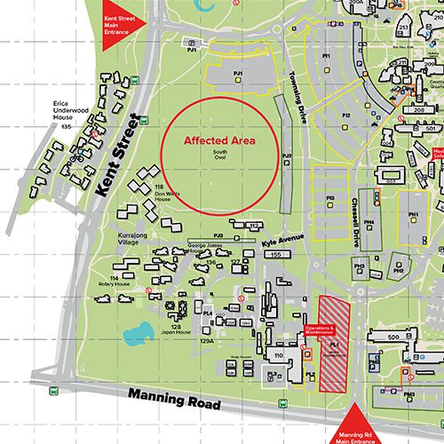 Map of impacted area on South Oval. 