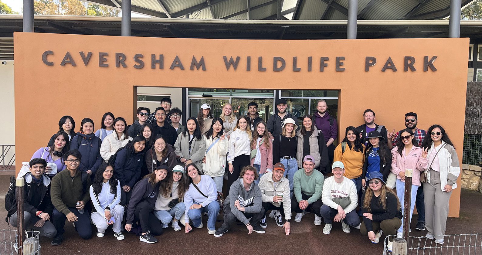FBL International students take a group photo in front of the entrance of Caversham Wildlife park.