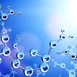 Science banner of abstract molecular structure in blue