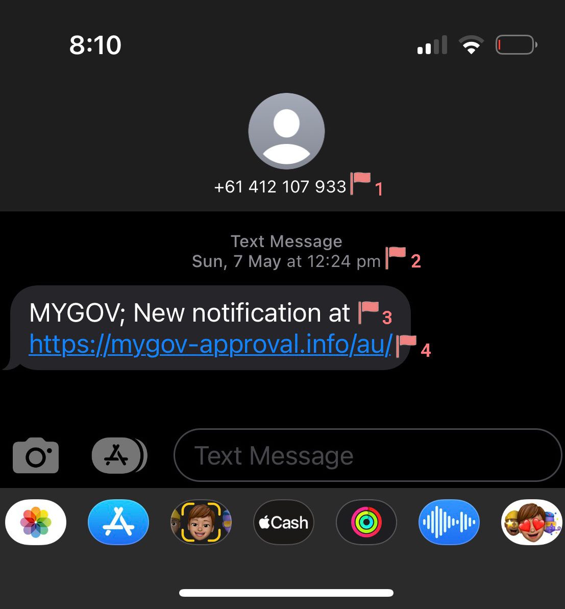 A screenshot of a text message with red flags and numbers that correspond to the following tips for recognising scams.