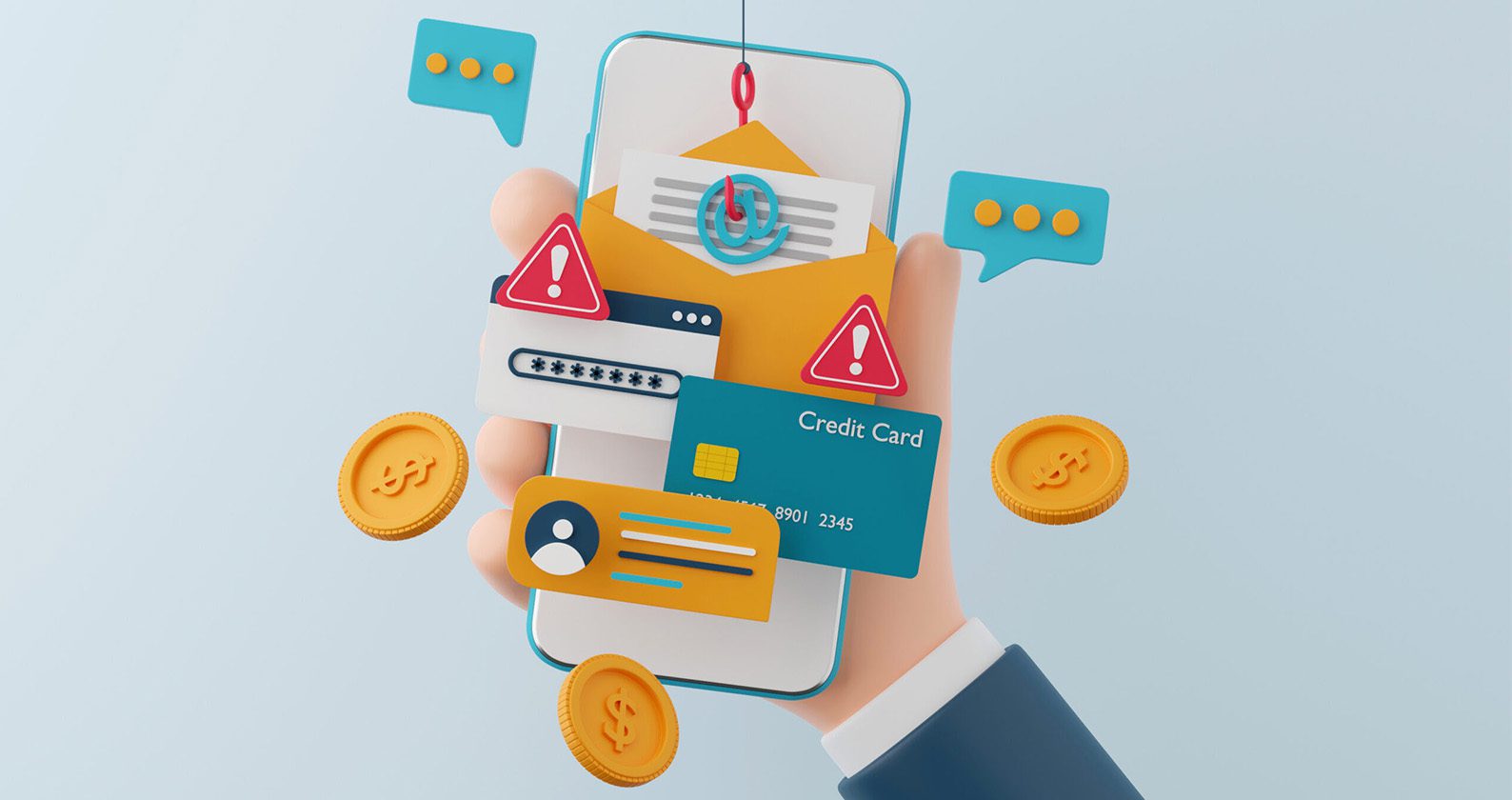 A cartoon of a hand holding a smartphone that is displaying credit cards and messages on the screen