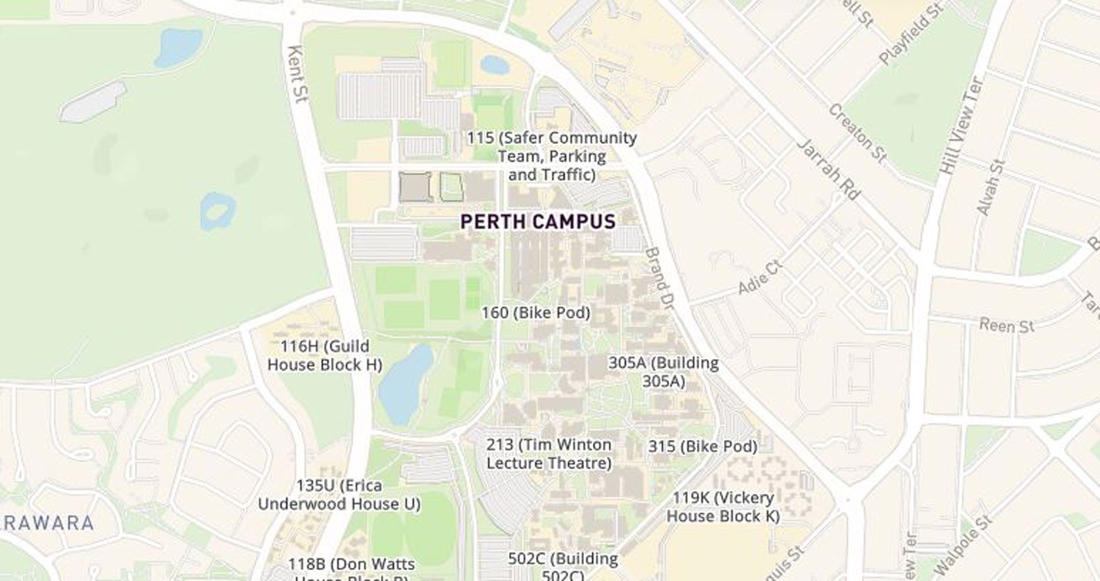 A map of the Curtin Perth campus.