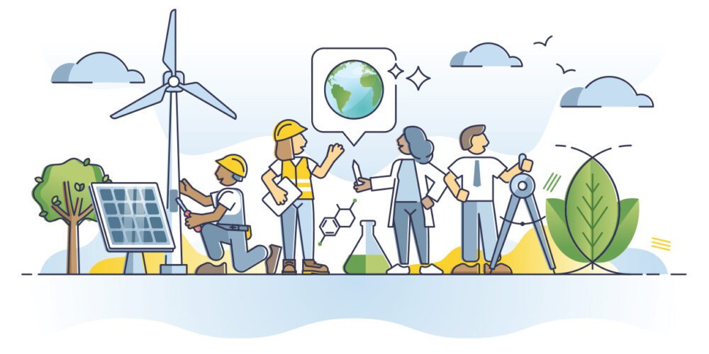 Vector image of four people working in renewable energy, construction, chemistry and surveying, and discussing the planet.