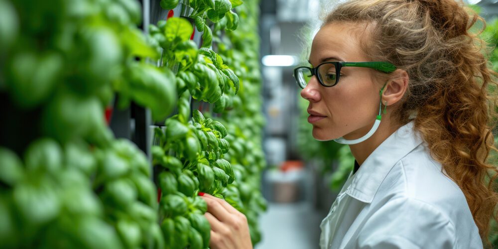 A female aerofarmer inspecting leaves on a wall of vertical crops.