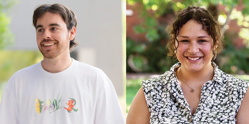 A head-and shoulders image of Max Rocci wearing a white t-shirt featuring three native plants, and Brodie O’Breza wearing a patterned floral shirt and necklace.