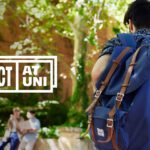 A student walking with a backpack on campus with the Respect at Uni logo.