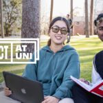 2 students with a tablet and textbook with the Respect at Uni logo.