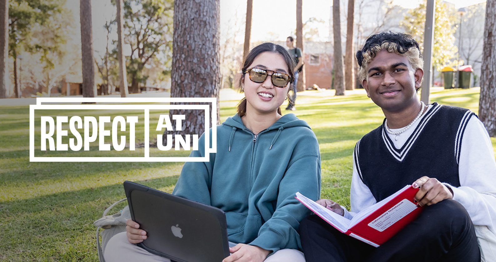 2 students with a tablet and textbook with the Respect at Uni logo.