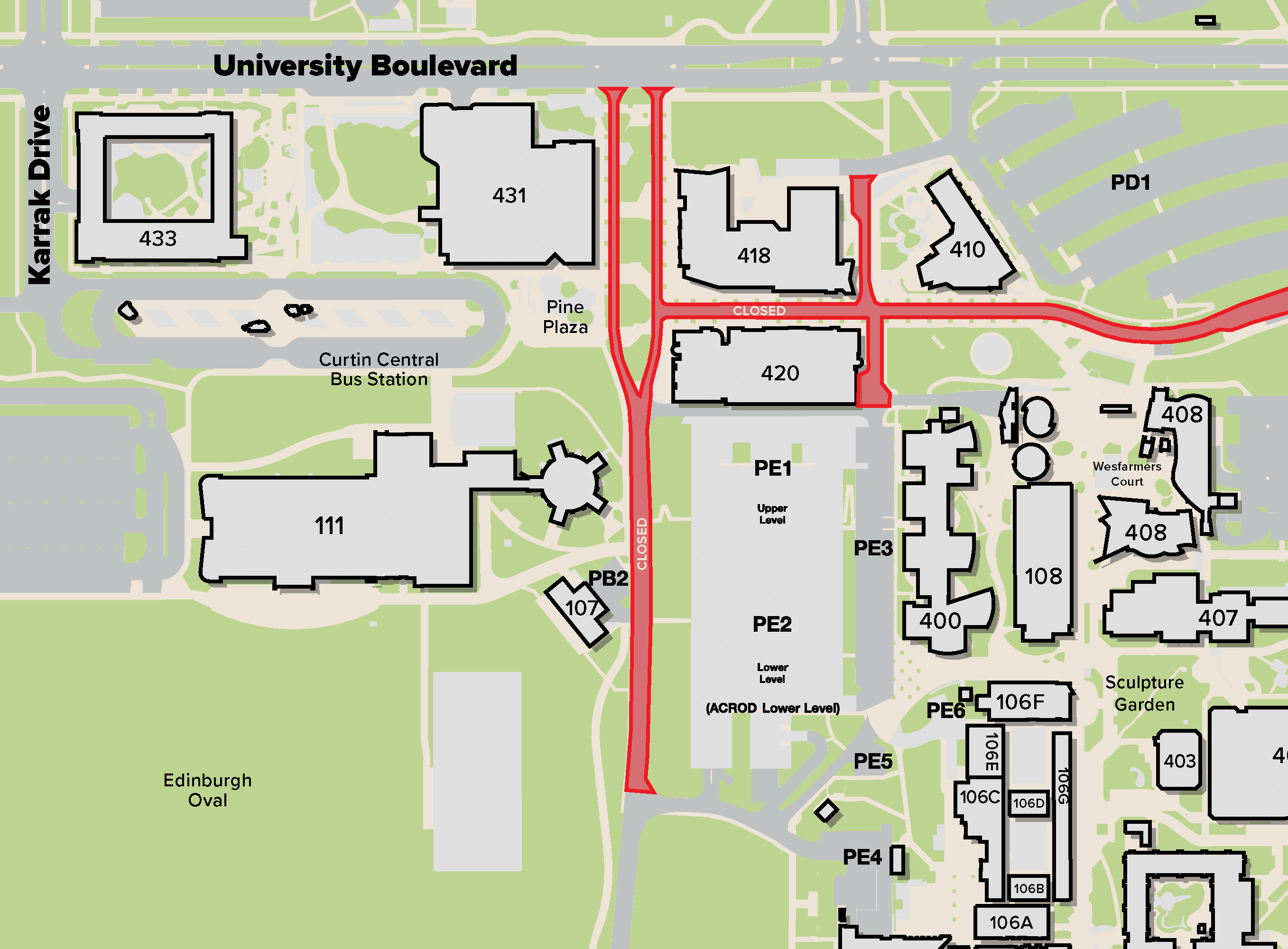 Map of Curtin Perth Campus displaying road closures.