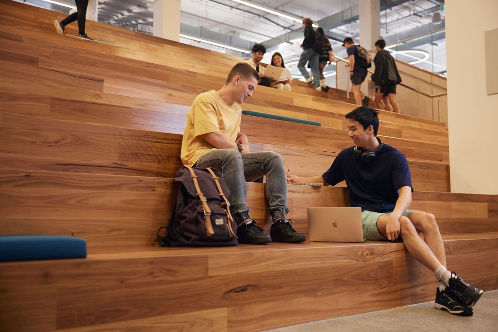 Students sitting on the TL Robertson Library stairs talking