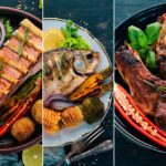 Five sections of different kinds of foods.