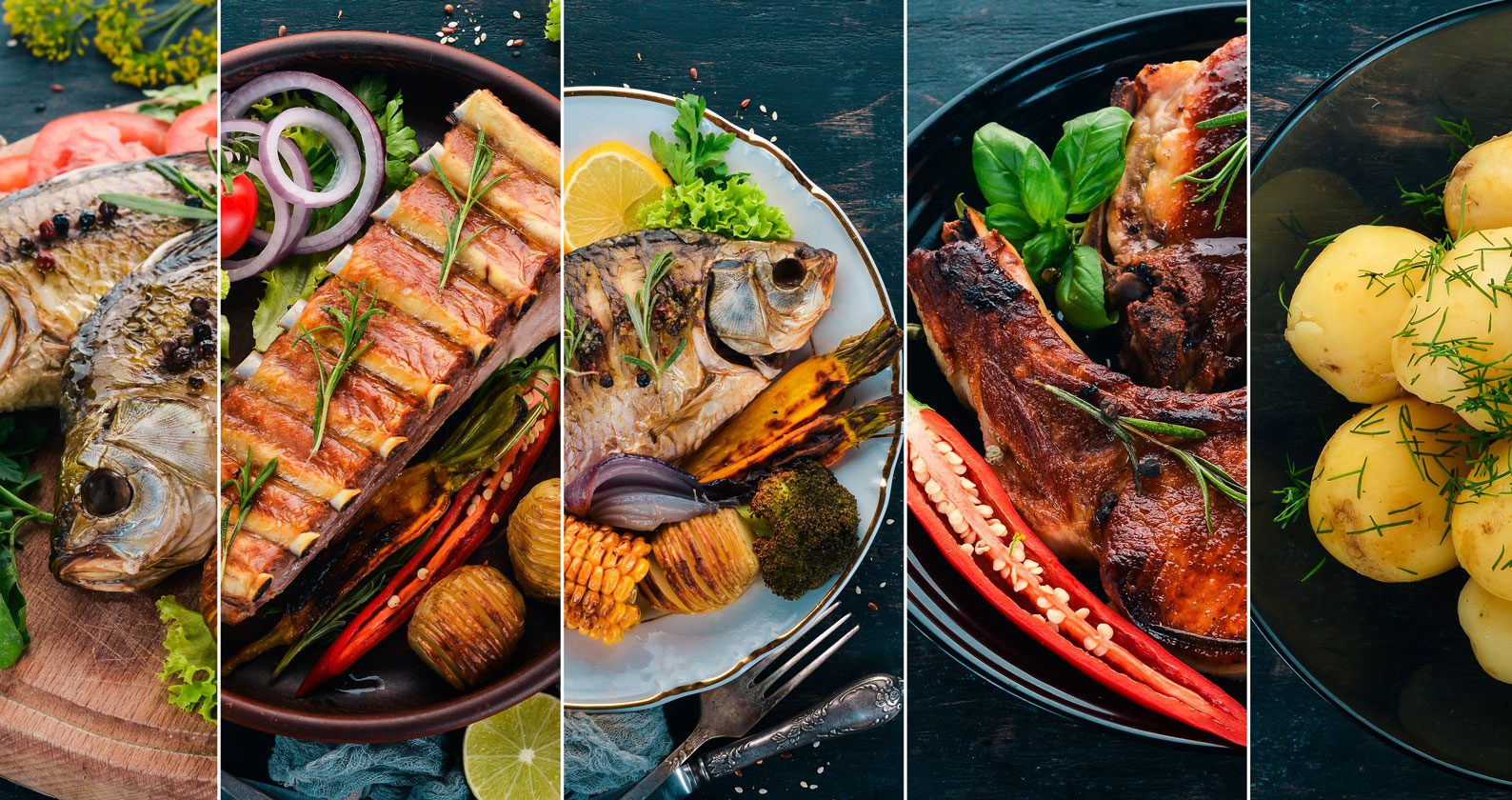 Five sections of different kinds of foods.