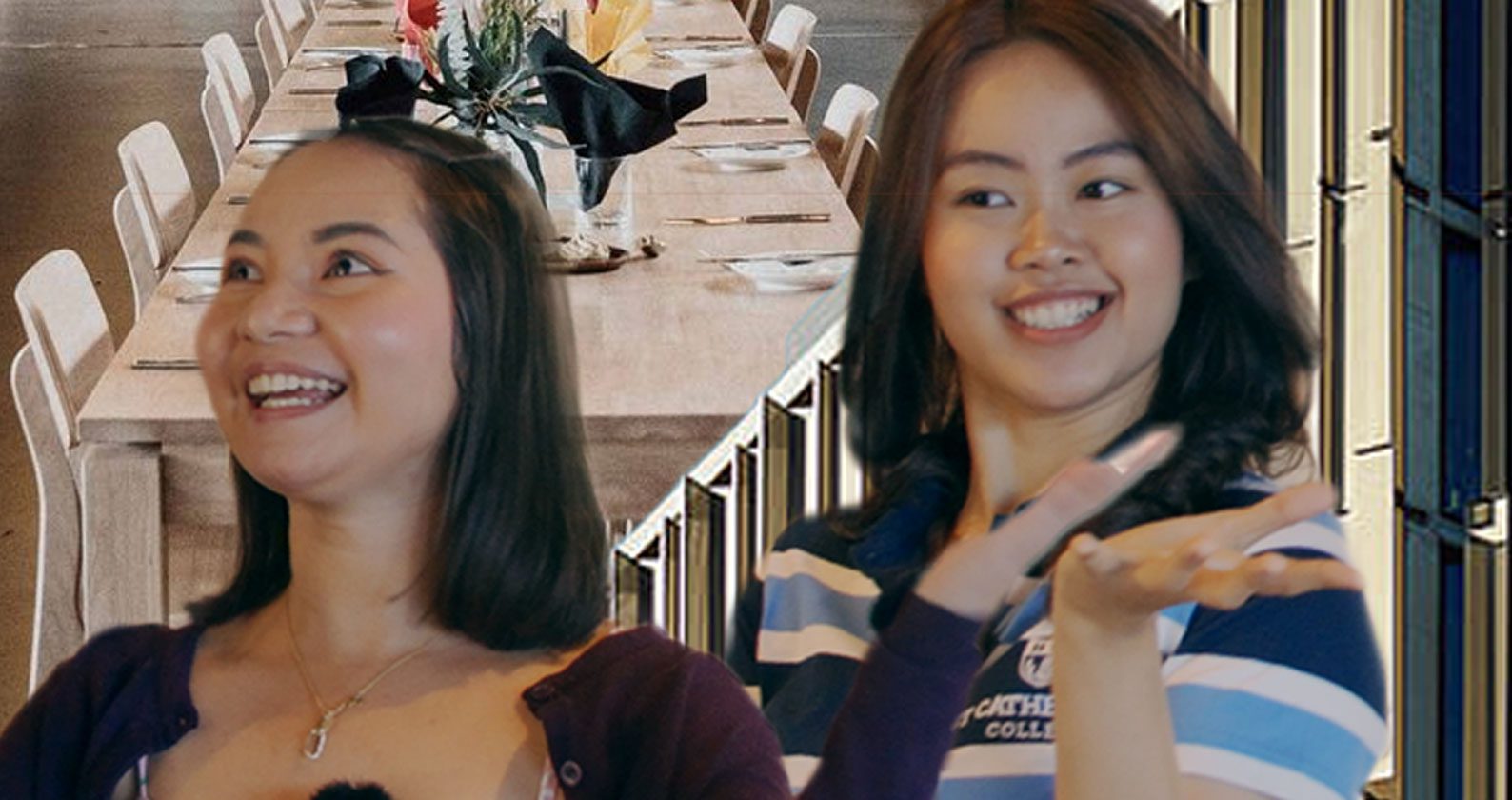 Devna and Celena smiling against the backdrop a banquet hall.