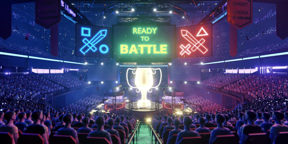 Huge gaming competition in a stadium.