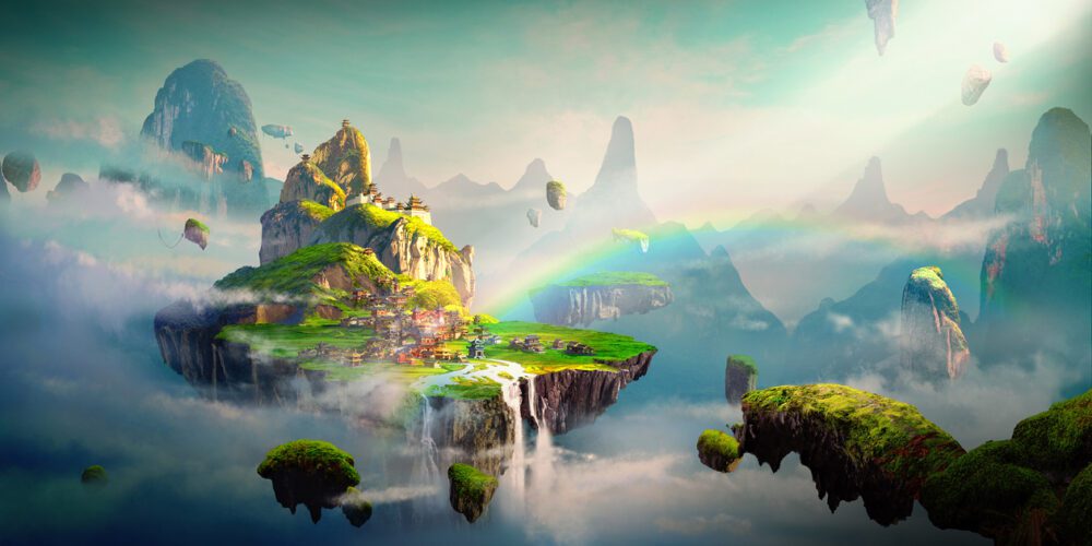 A fantasy island floating in the sky, amid a mountainous and rocky landscape.